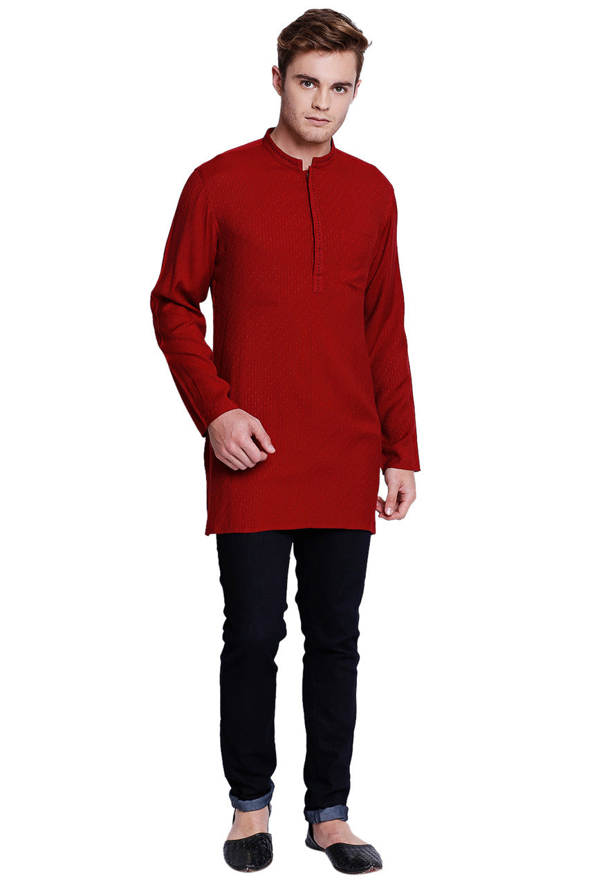 Men's maroon hand-embroidered knee-length kurta style 2, front view.