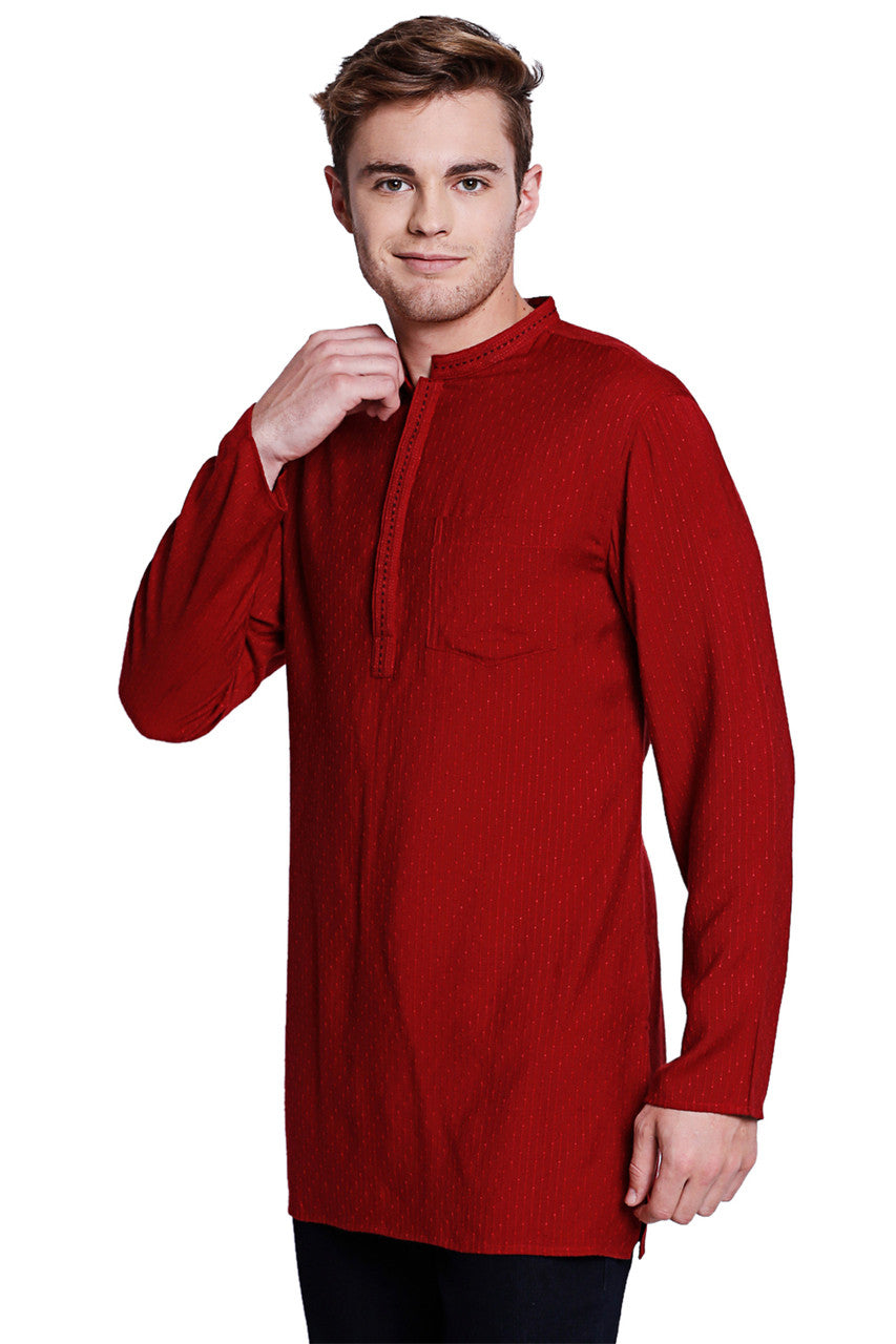 Men's maroon hand-embroidered knee-length kurta style 2, side view.
