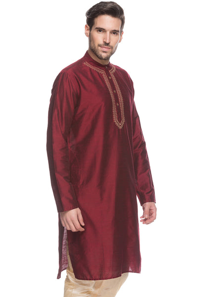 Men's maroon textured cotton blend knee-length kurta, alternate front view.