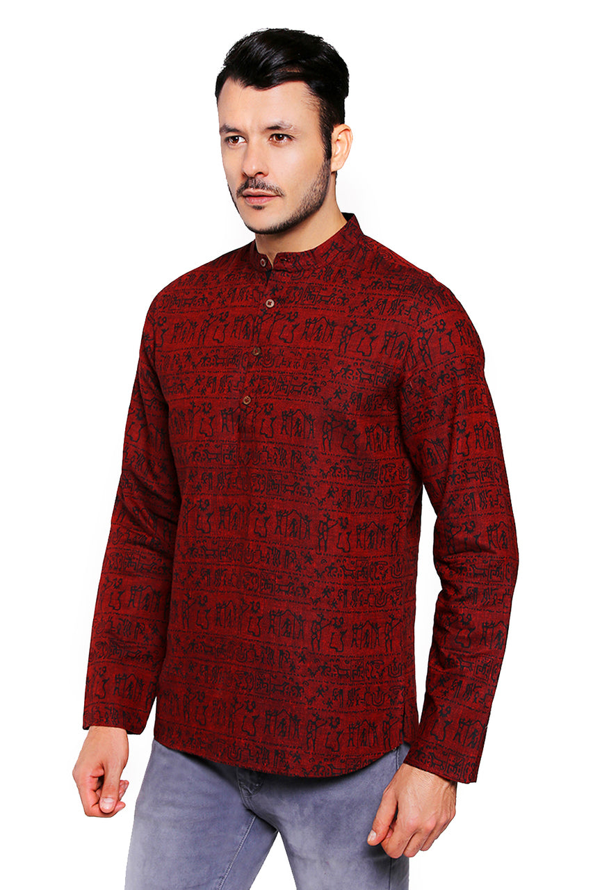 Alternate side view of Shatranj men's maroon Warli-print cotton hip-length kurta tunic