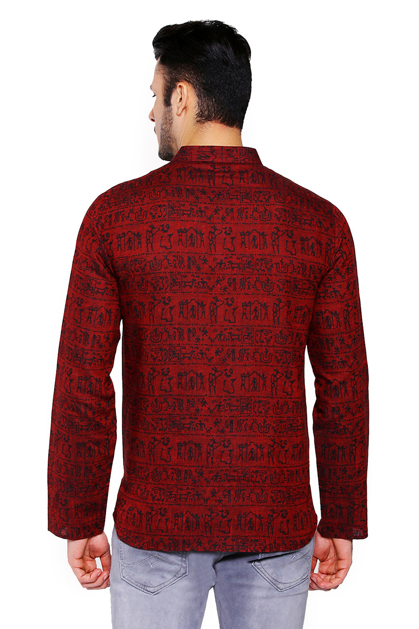 Back view of Shatranj men's maroon Warli-print cotton hip-length kurta tunic