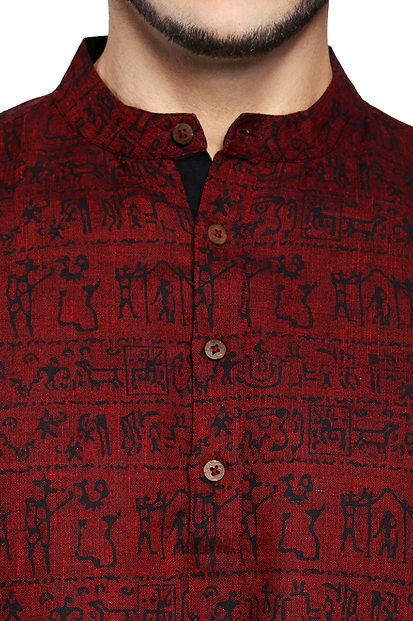 Close-up detail of Shatranj men's maroon Warli-print cotton hip-length kurta tunic