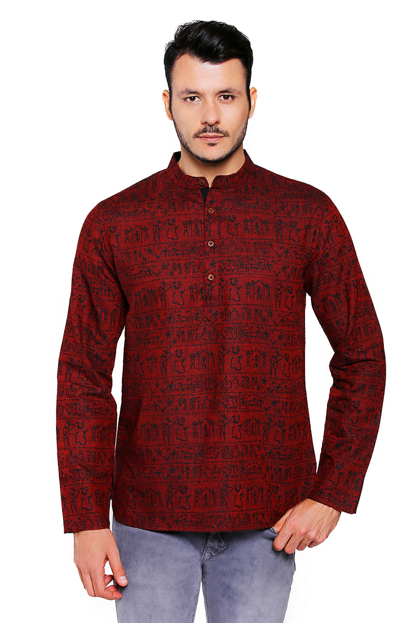 Front view of Shatranj men's maroon Warli-print cotton hip-length kurta tunic