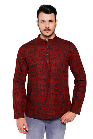 Front view of Shatranj men's maroon Warli-print cotton hip-length kurta tunic