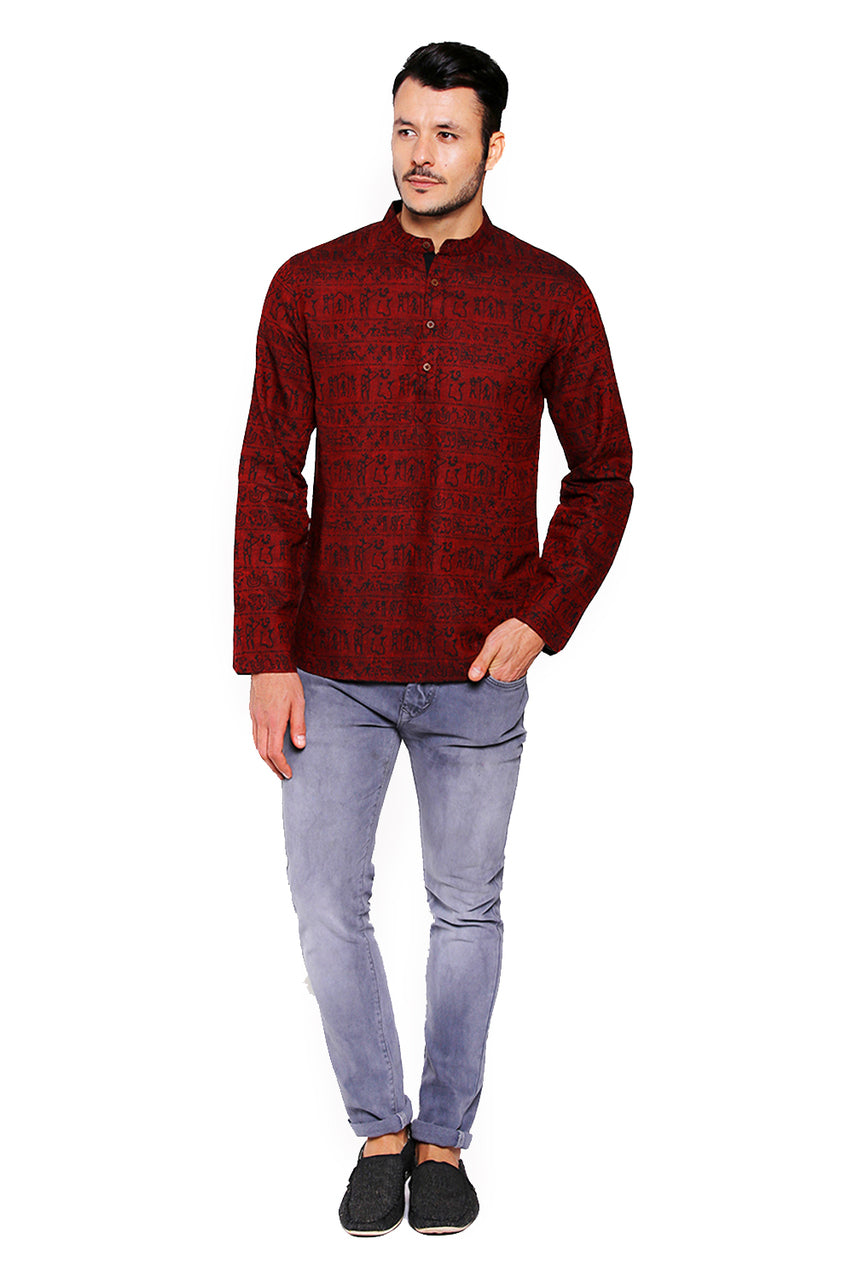 Full front view of Shatranj men's maroon Warli-print cotton hip-length kurta tunic