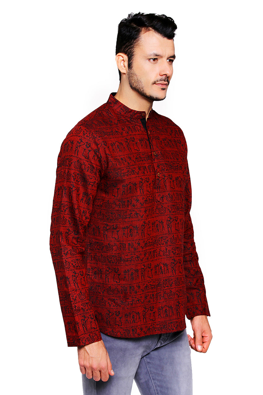 Side view of Shatranj men's maroon Warli-print cotton hip-length kurta tunic