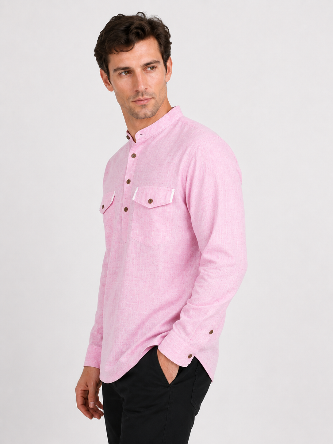 Back view of In-Sattva men's mauve pink double-breasted hip-length kurta tunic