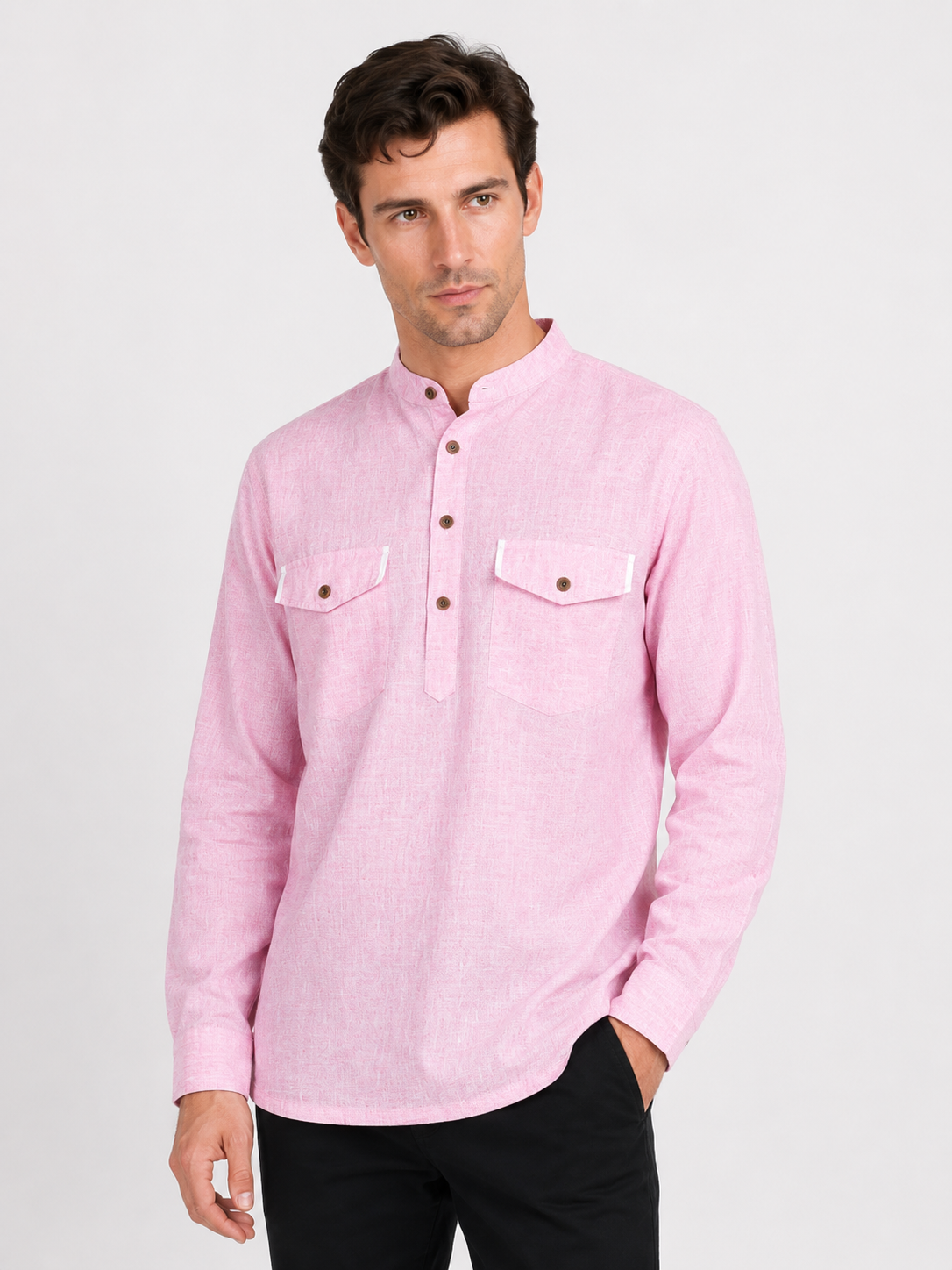 Front view of In-Sattva men's mauve pink double-breasted hip-length kurta tunic