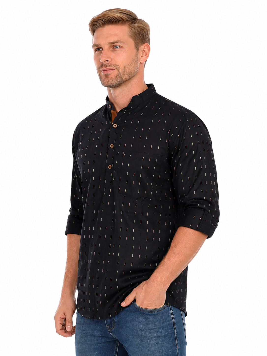 Back view of In-Sattva men's midnight black printed cotton hip-length kurta tunic