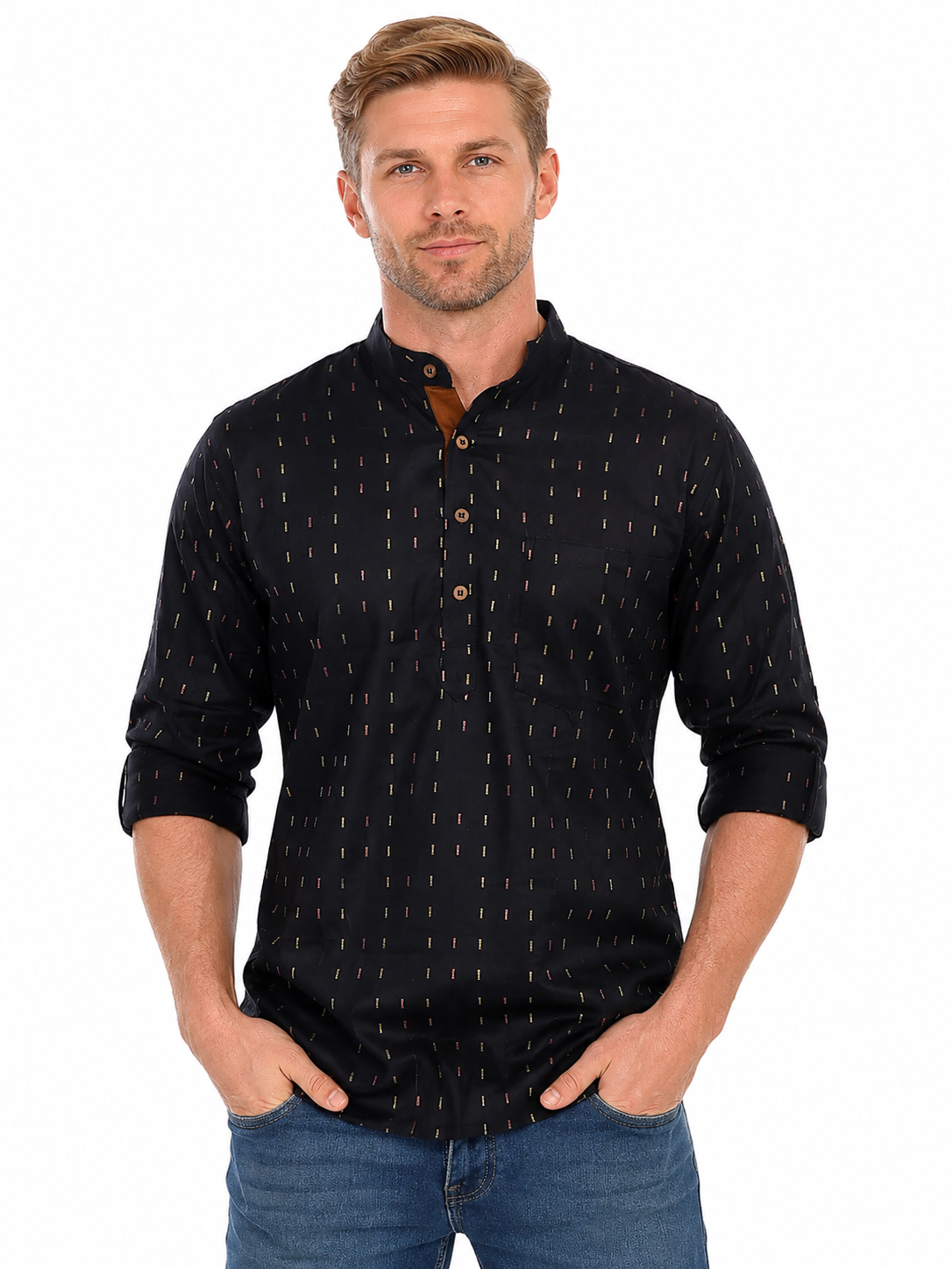 Front view of In-Sattva men's midnight black printed cotton hip-length kurta tunic