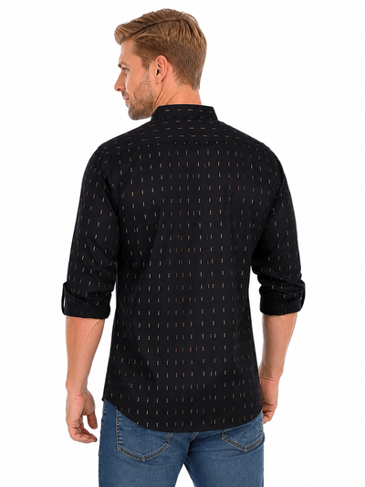 Side view of In-Sattva men's midnight black printed cotton hip-length kurta tunic