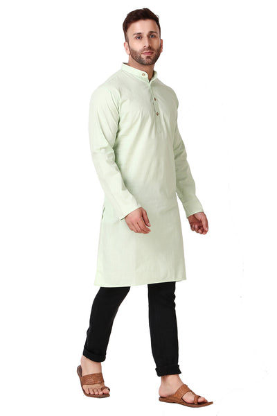 Men's mint green cotton band collar knee-length kurta, alternate front view.
