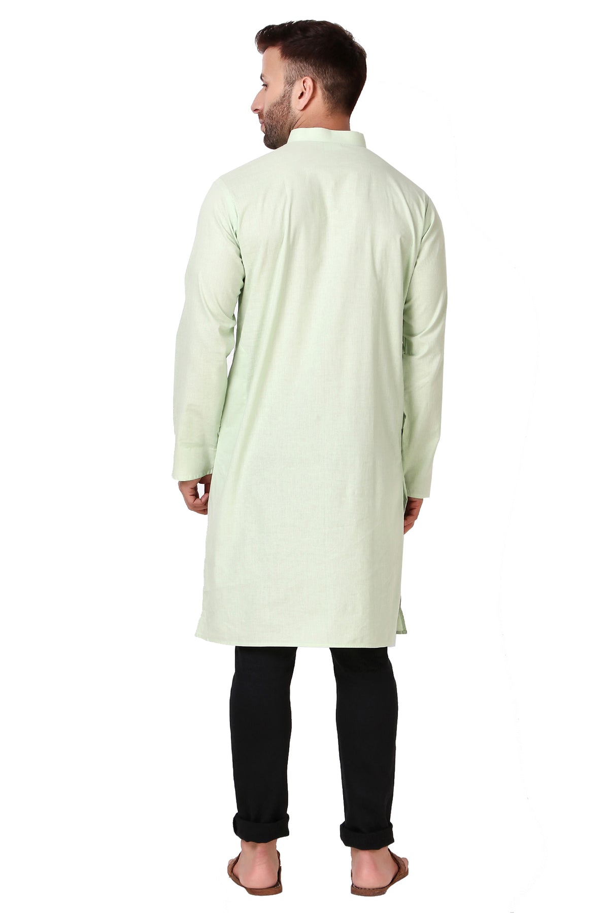 Men's mint green cotton band collar knee-length kurta, alternate side view.