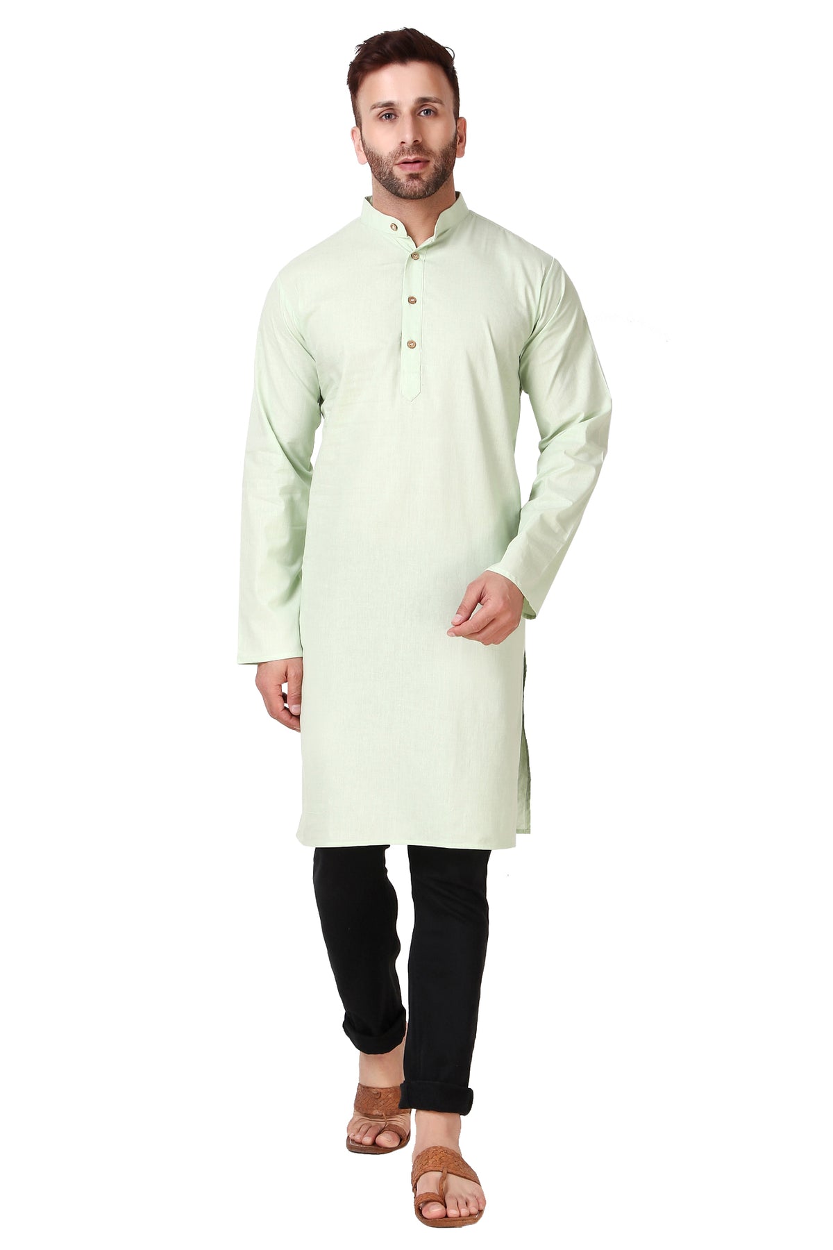 Men's mint green cotton band collar knee-length kurta, back view.