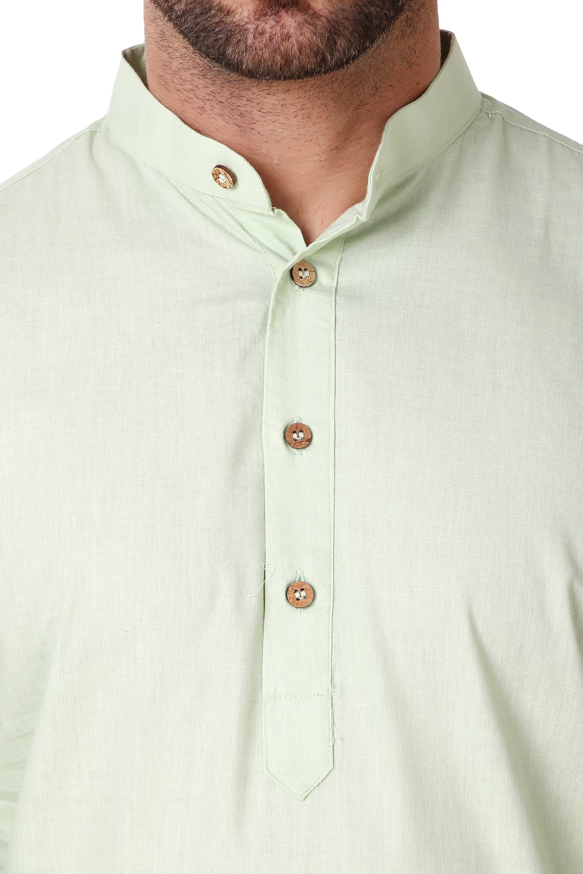 Men's mint green cotton band collar knee-length kurta, close-up detail.