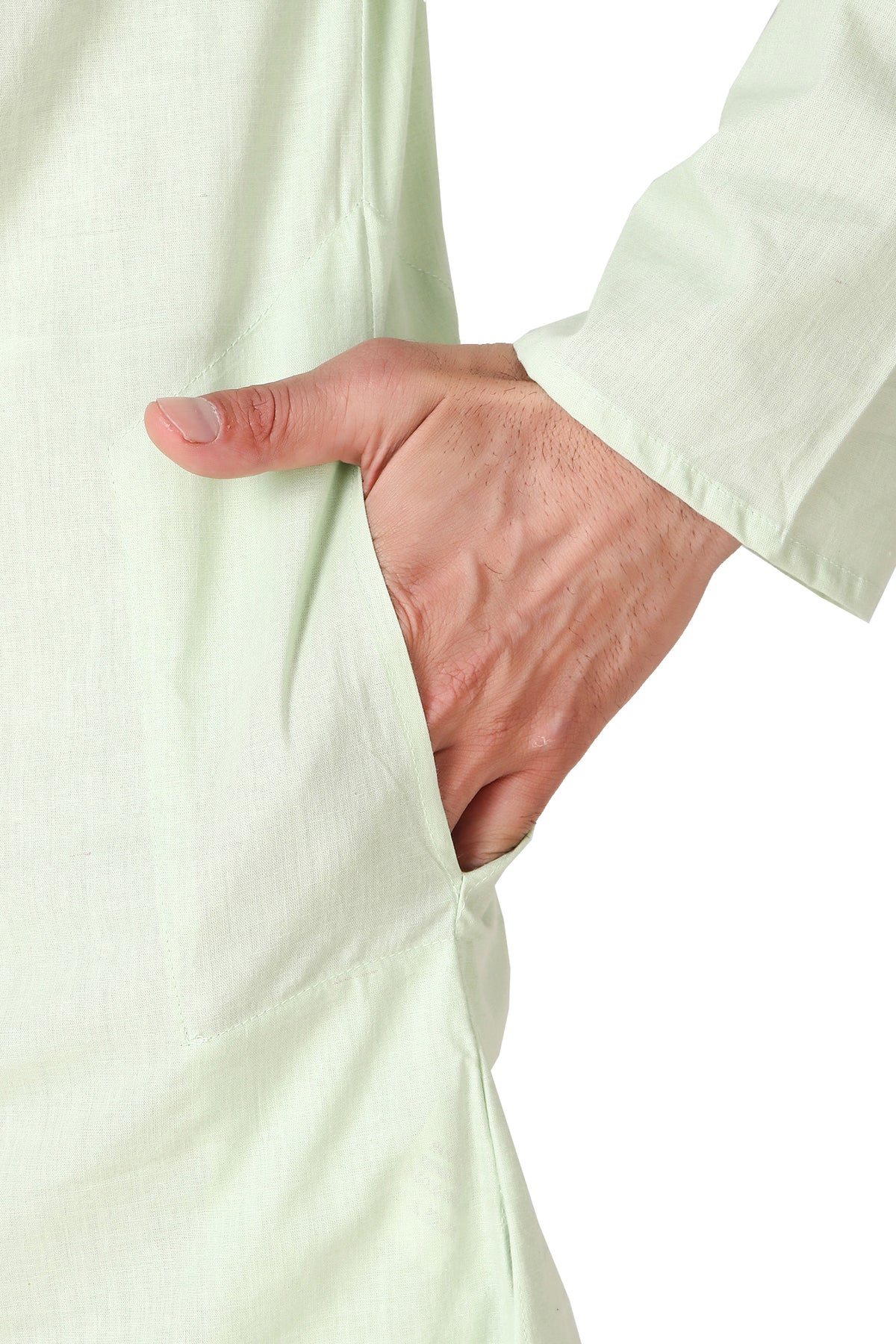 Men's mint green cotton band collar knee-length kurta, collar and neckline detail.