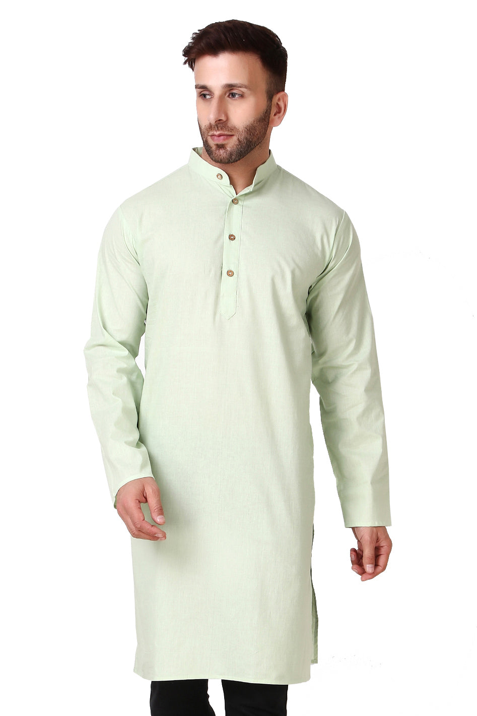 Men's mint green cotton band collar knee-length kurta, front view.