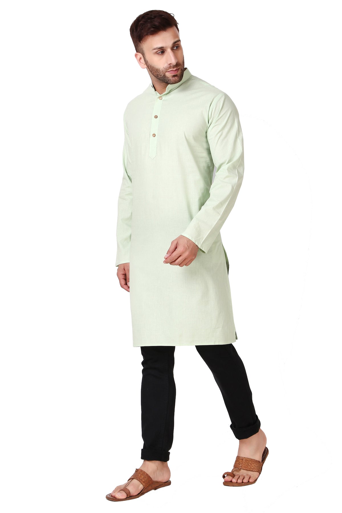 Men's mint green cotton band collar knee-length kurta, side view.
