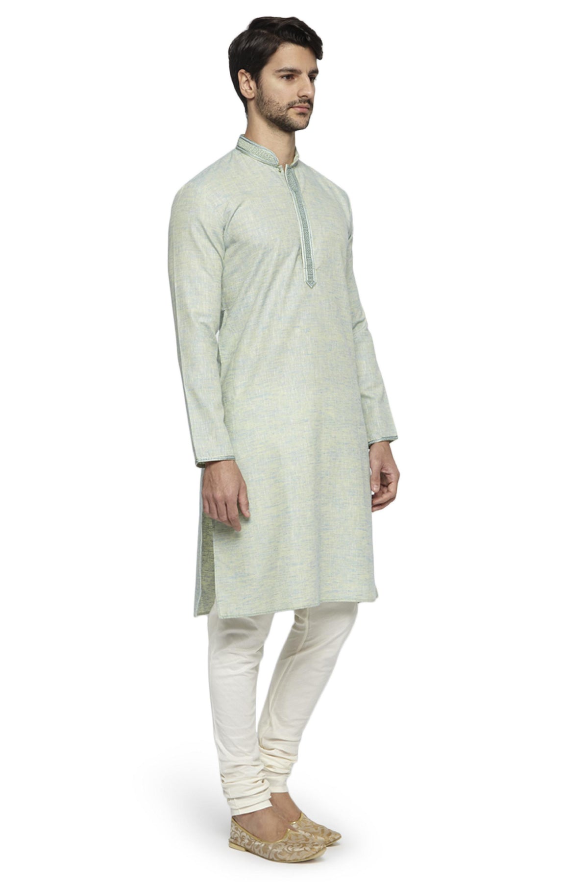 Men's mint green knee-length kurta, alternate front view.