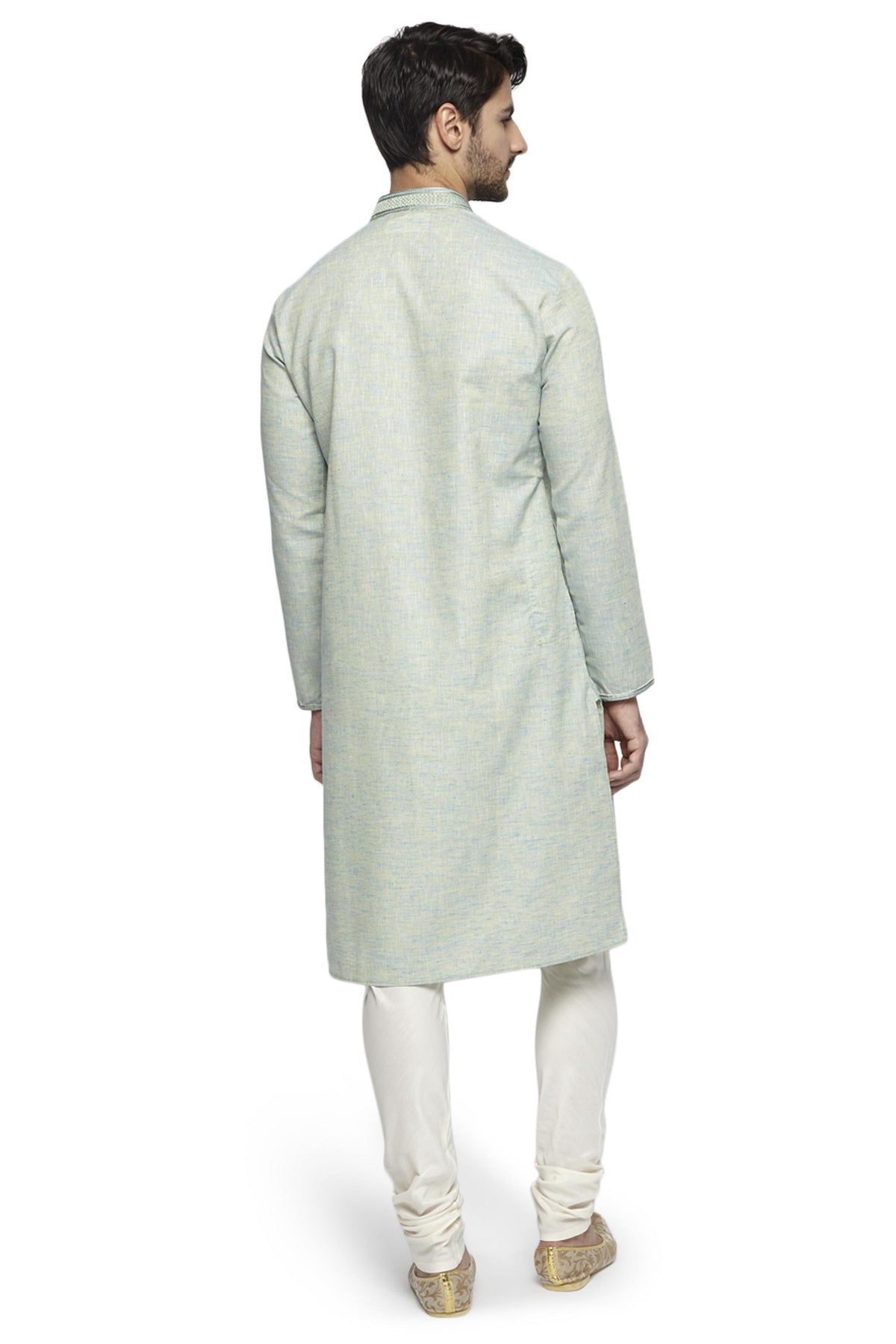 Men's mint green knee-length kurta, alternate side view.