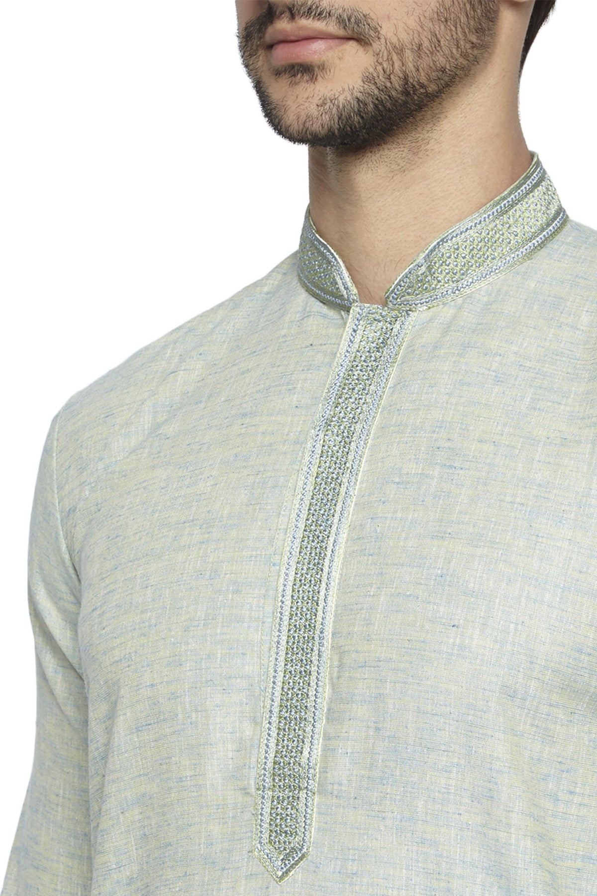 Men's mint green knee-length kurta, back view.