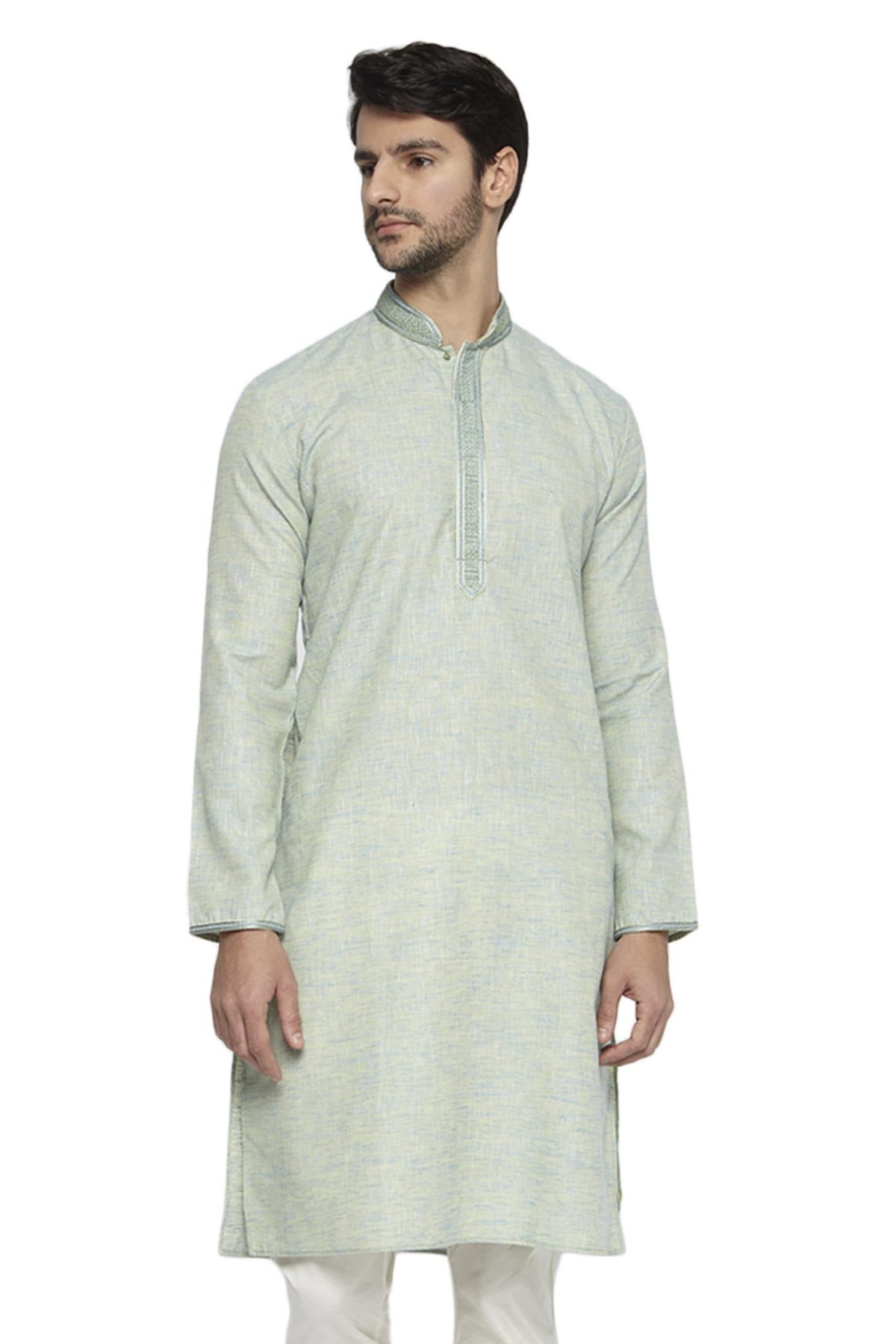 Men's mint green knee-length kurta, front view.