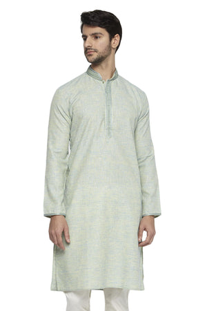Men's mint green knee-length kurta, front view.
