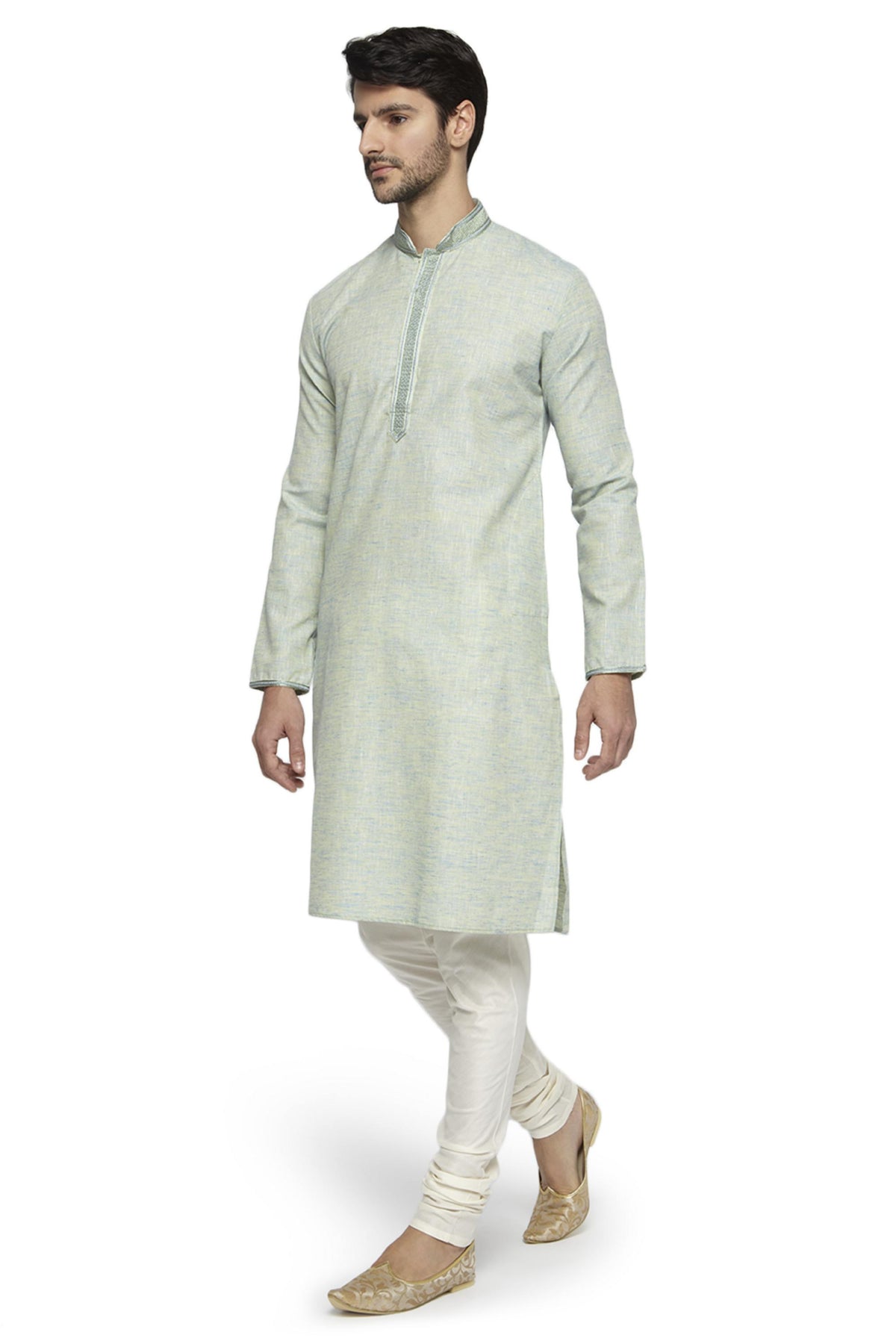 Men's mint green knee-length kurta, side view.