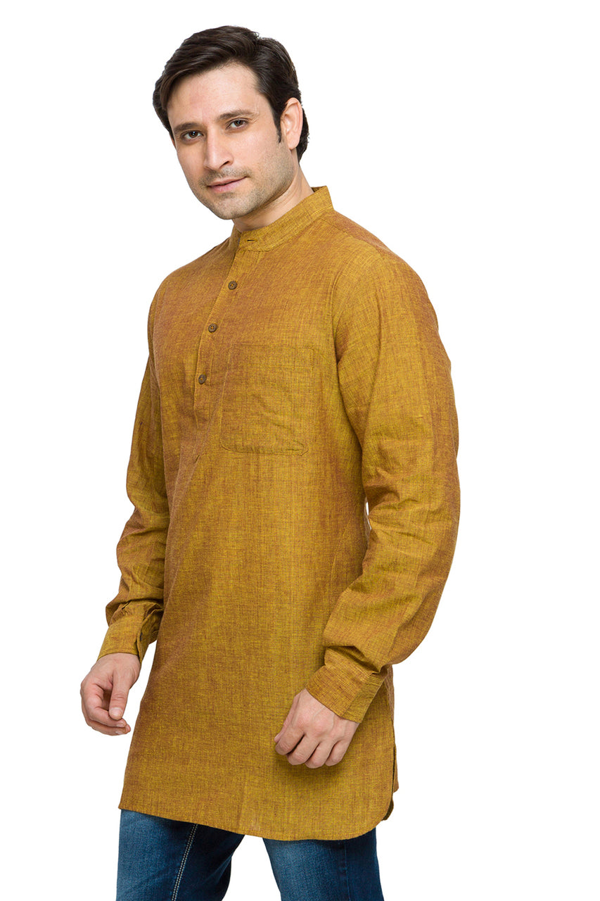 Men's mustard cotton band collar knee-length kurta, alternate front view.