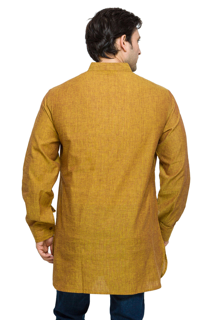 Men's mustard cotton band collar knee-length kurta, alternate side view.