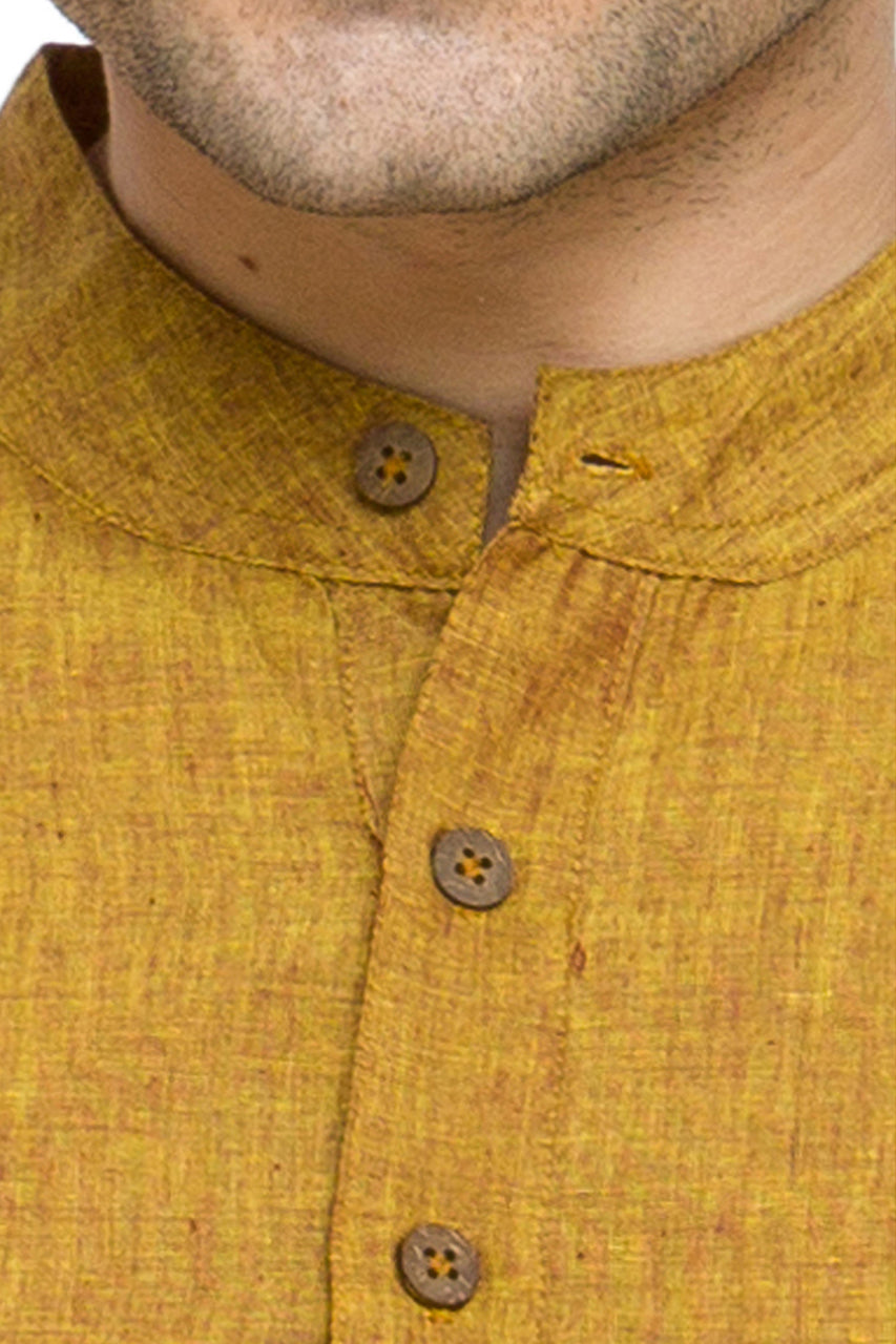 Men's mustard cotton band collar knee-length kurta, back view.