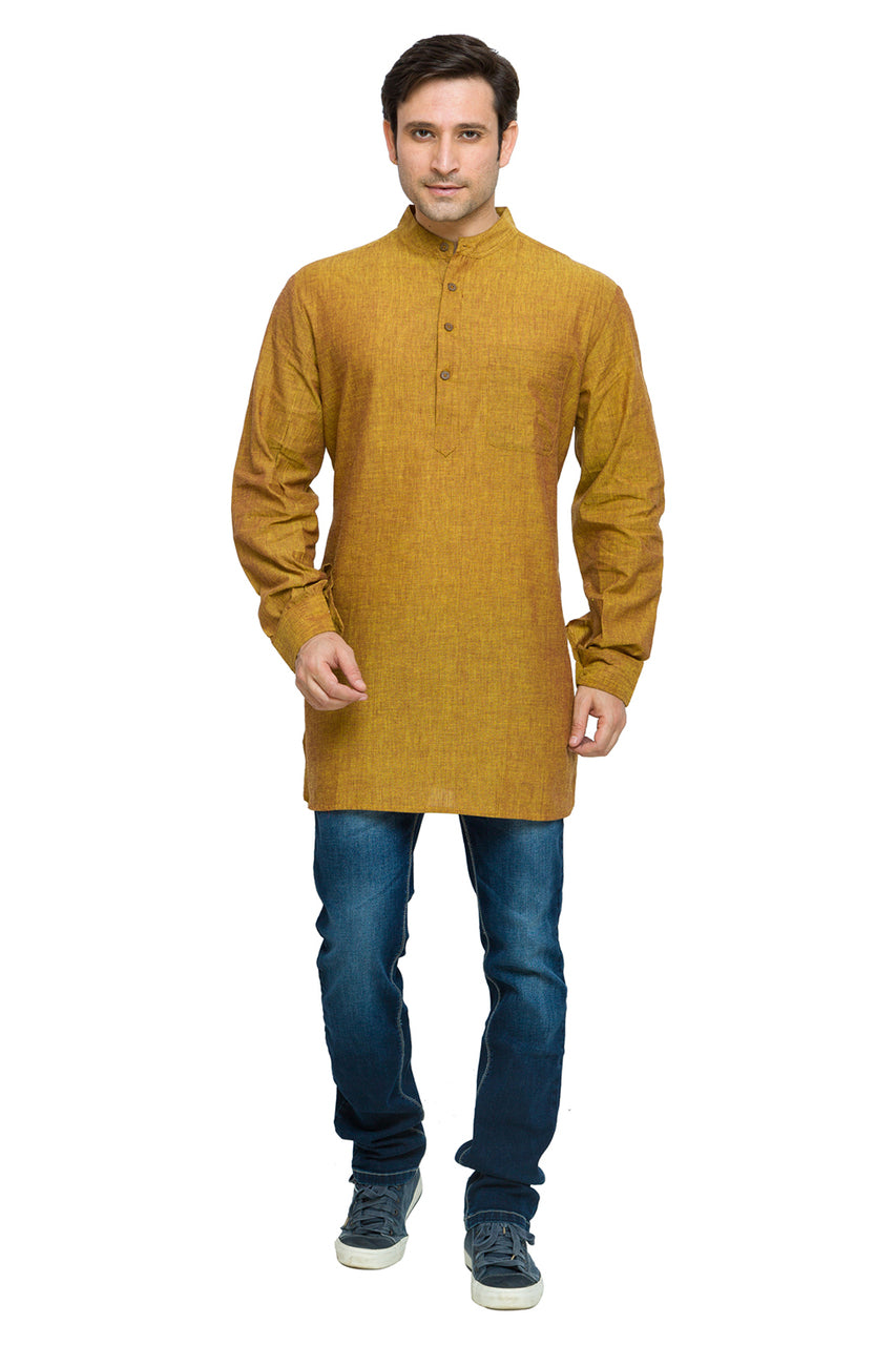 Men's mustard cotton band collar knee-length kurta, close-up detail.