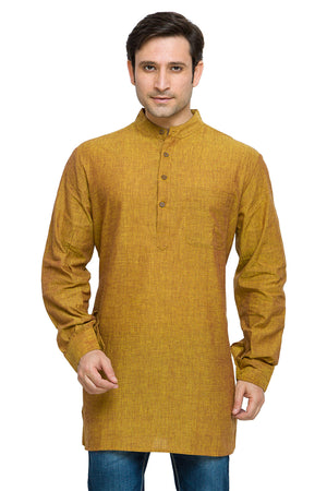 Men's mustard cotton band collar knee-length kurta, front view.