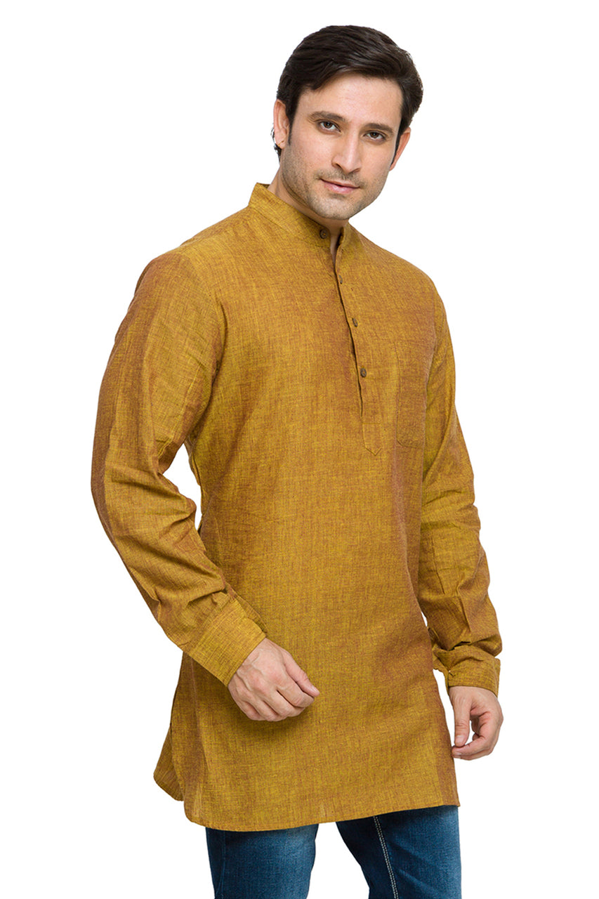 Men's mustard cotton band collar knee-length kurta, side view.