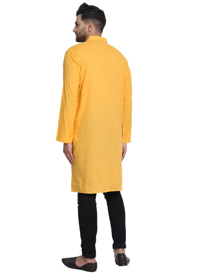 Men's mustard cotton band collar knee-length kurta, alternate front view.