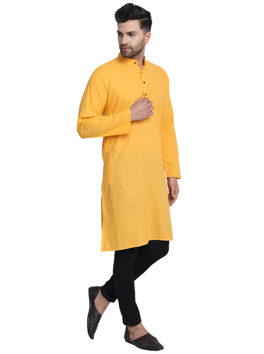 Men's mustard cotton band collar knee-length kurta, alternate side view.