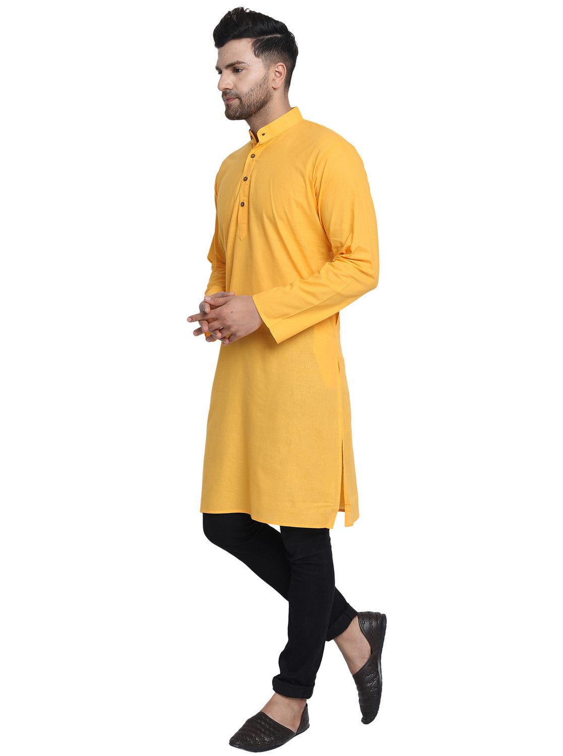 Men's mustard cotton band collar knee-length kurta, back view.