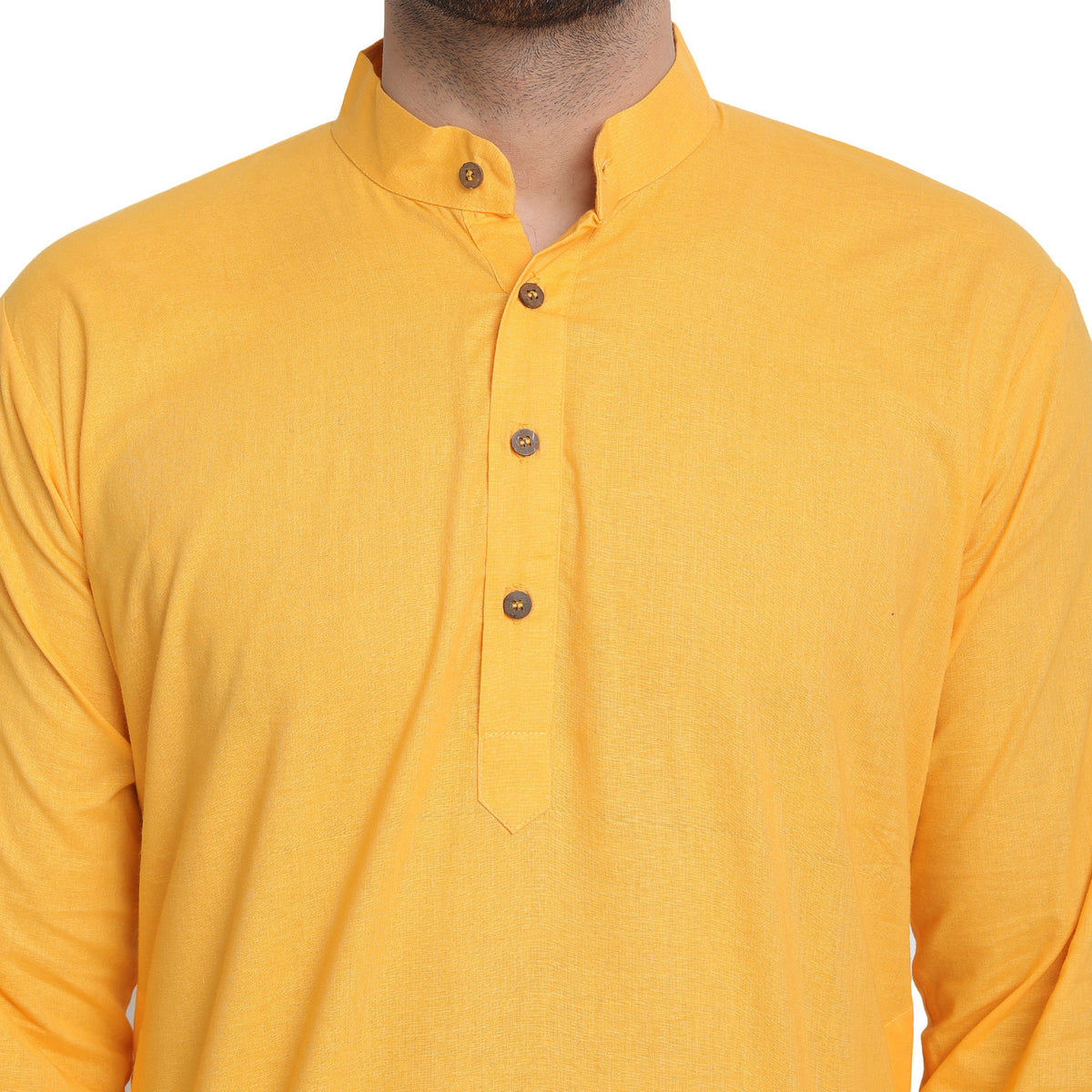 Men's mustard cotton band collar knee-length kurta, close-up detail.