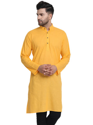 Men's mustard cotton band collar knee-length kurta, front view.