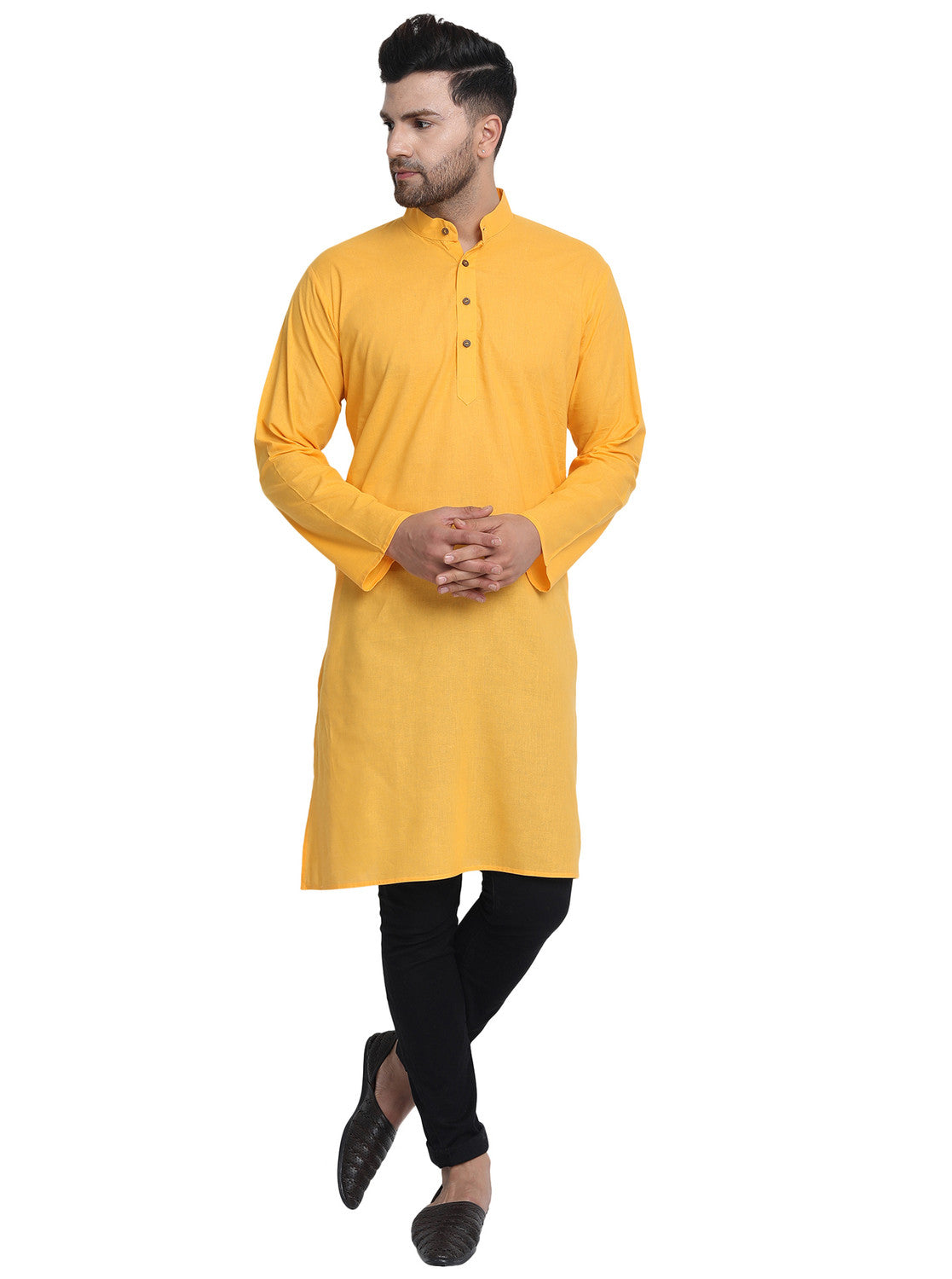 Men's mustard cotton band collar knee-length kurta, side view.