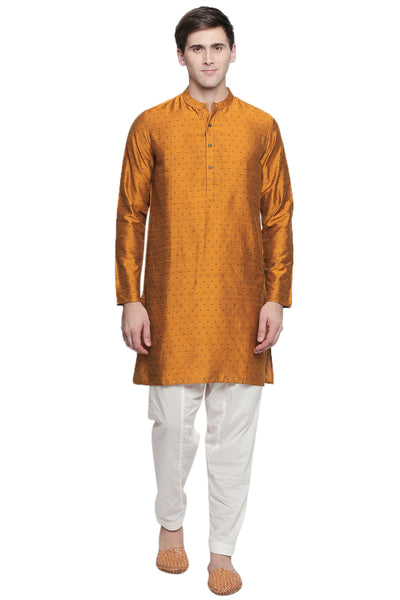 Men's mustard cotton blend band collar knee-length kurta, alternate front view.