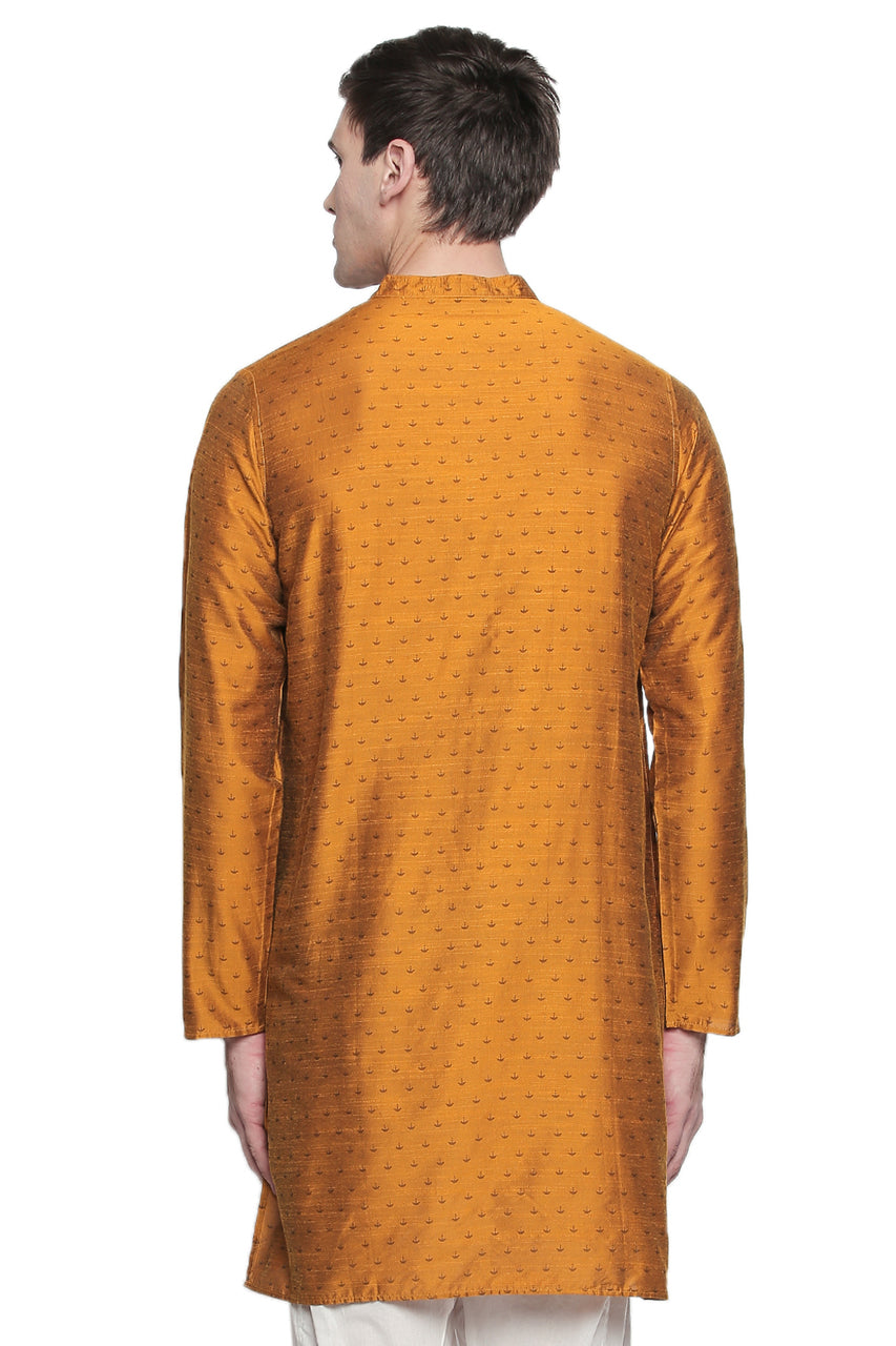 Men's mustard cotton blend band collar knee-length kurta, alternate side view.