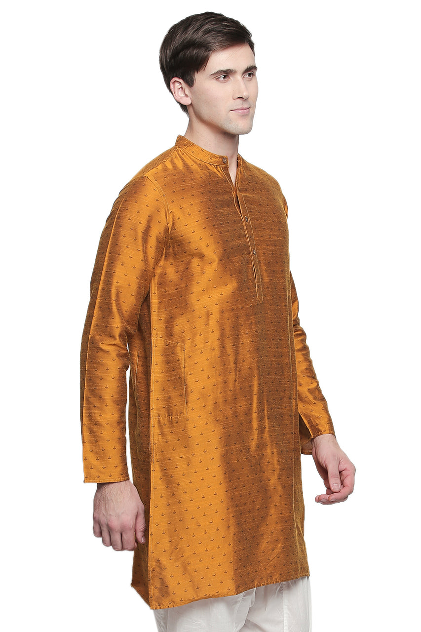 Men's mustard cotton blend band collar knee-length kurta, back view.