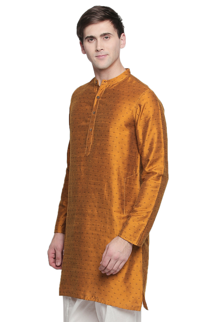 Men's mustard cotton blend band collar knee-length kurta, close-up detail.