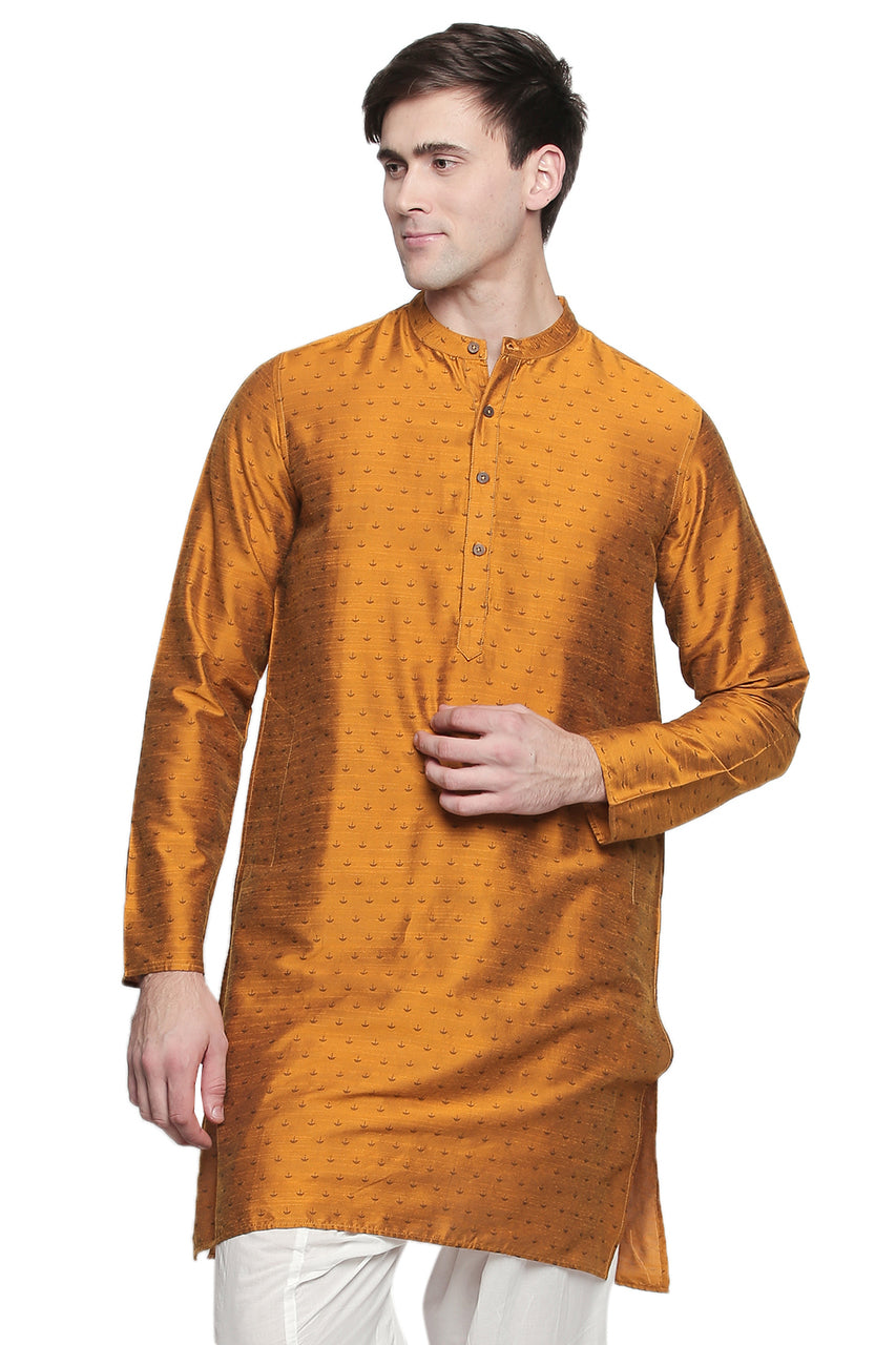 Men's mustard cotton blend band collar knee-length kurta, front view.
