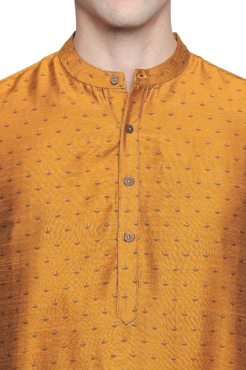 Men's mustard cotton blend band collar knee-length kurta, side view.