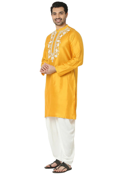 Men's mustard embellished rayon knee-length kurta, alternate front view.