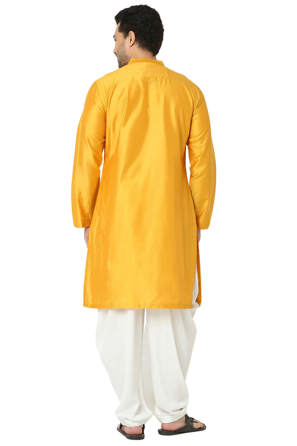 Men's mustard embellished rayon knee-length kurta, alternate side view.