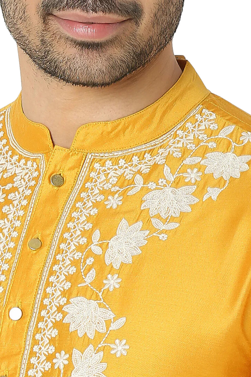 Men's mustard embellished rayon knee-length kurta, back view.