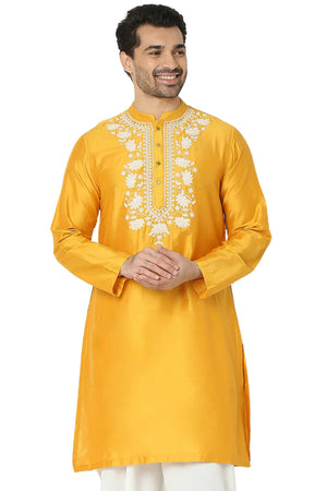 Men's mustard embellished rayon knee-length kurta, front view.
